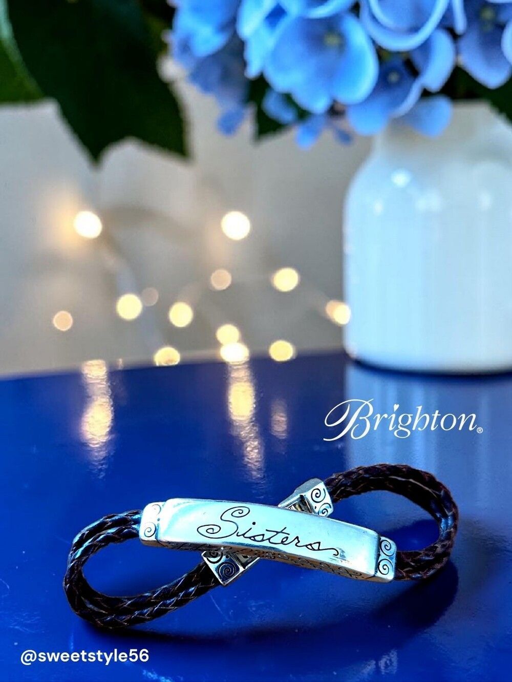 BRIGHTON "Sisters" Silver And Braided Leather ID Style Bracelet TIMELESS!